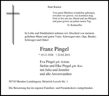 Traueranzeigen Von Franz Pingel Trauer In Nrw De