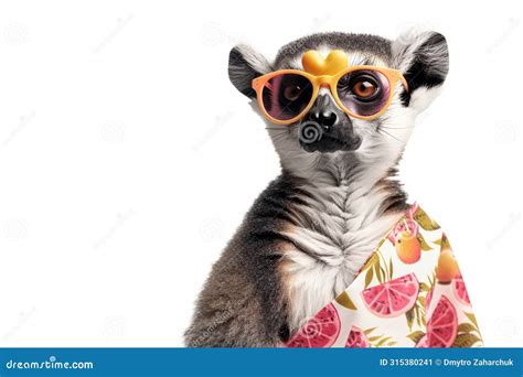 A Lemur Wearing A Pair Of Heart Shaped Sunglasses And A Fruit Print Sarong Stock Image Image