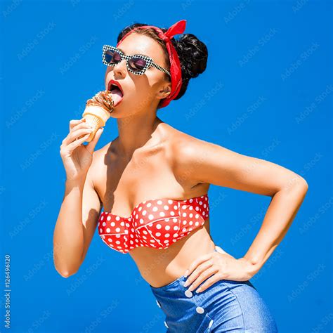 Beautiful Sexy Cheeky Hipster Girl Eating Ice Cream Cone Long Tongue Hanging Out Retro Bikini