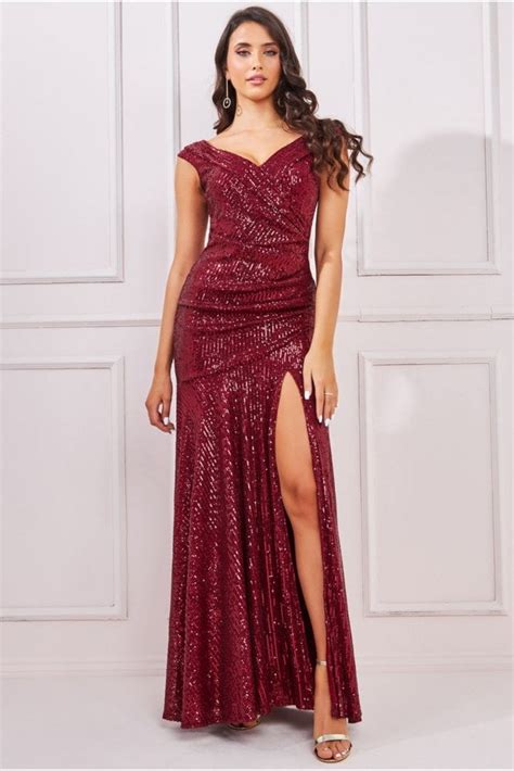 Goddiva Bardot Sequin Pleated Maxi Dress Wine Sale From Yumi Uk