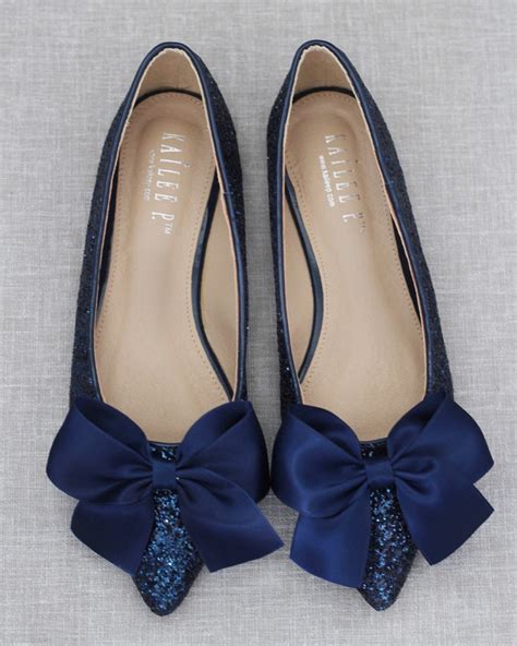 Navy Blue Rock Glitter Pointy Toe Flats With Oversized Satin Etsy