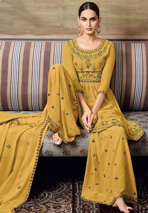 Mustard Yellow Georgette Embroidered Palazzo Suit Salwar Kameez