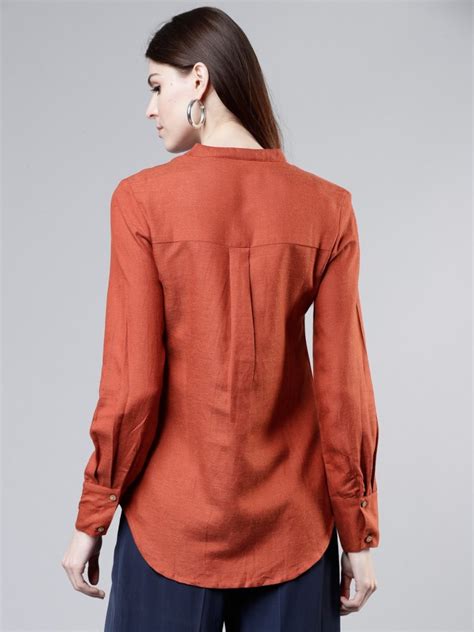 Buy Tokyo Talkies Rust Orange Solid Shirt Style Top For Women Online At