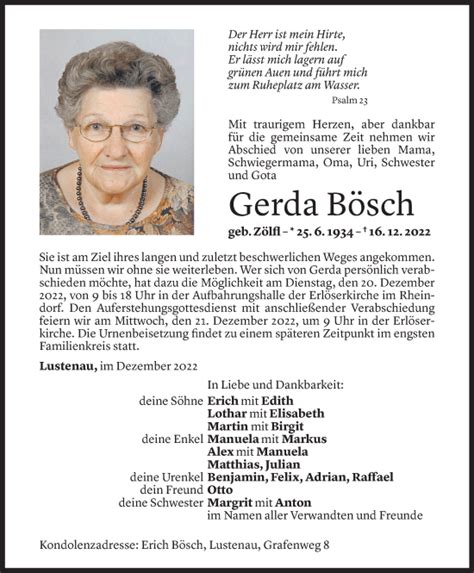 Todesanzeigen von Gerda Bösch Todesanzeigen Vorarlberger Nachrichten