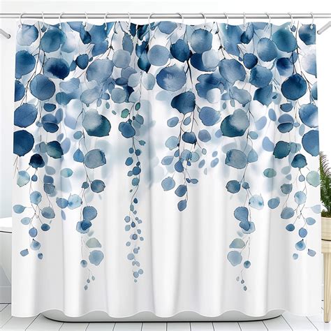 Enchanting Blue Floral Watercolor Shower Curtain With Eucalyptus Leaves