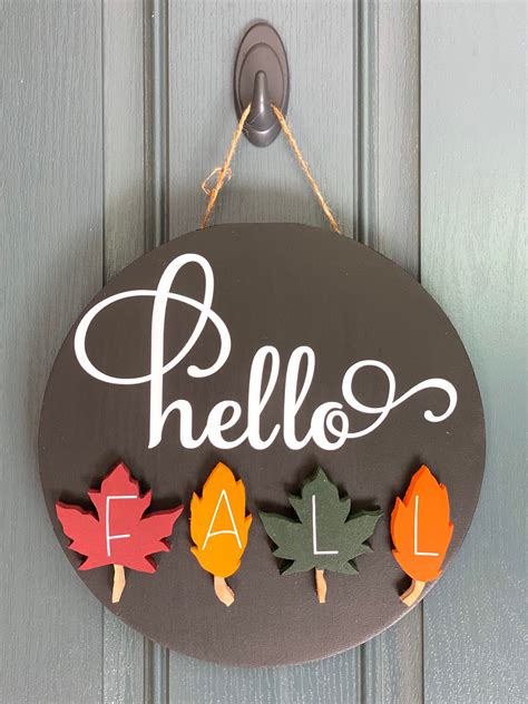 Hello Fall Door Hanger Round Wood Sign Wood Round Front Etsy