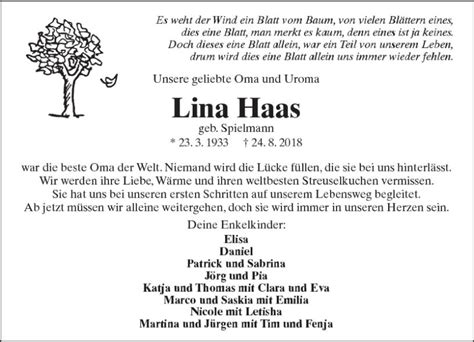 Traueranzeigen Von Lina Haas Vrm Trauer De