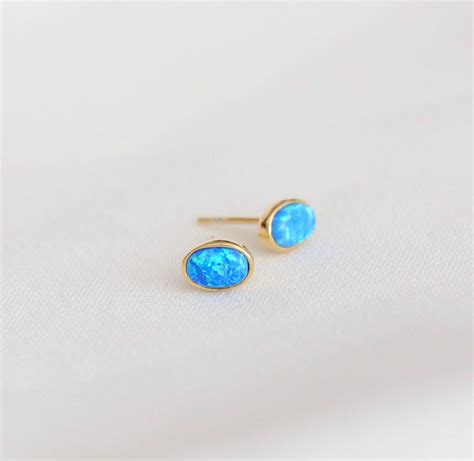 Blue Opal Stud Earrings K Gold Earringsdainty Opal Etsy