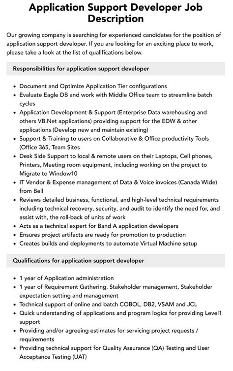 Application Support Developer Job Description Velvet Jobs