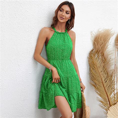 Women Dresses Summer 2023 Sexy Hang A Neck Floral Print Boho Beach Dress Green Sleeveless