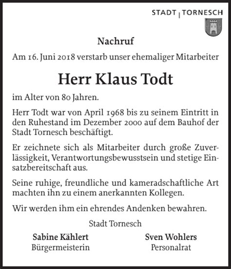 Traueranzeigen Von Klaus Todt Sh Z Trauer