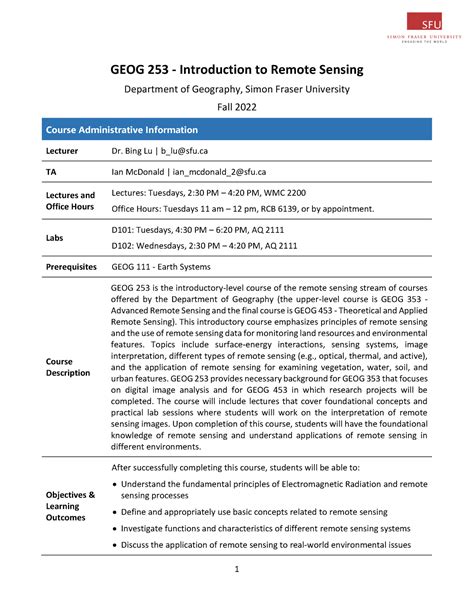 253 Syllabus GEOG 253 Introduction To Remote Sensing Department Of