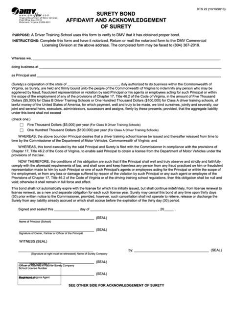 Fillable Form Dts Surety Bond Affidavit And Acknowledgement Of