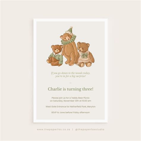 Printable Teddy Bear Invitation, 5x7 Editable PDF Vintage Teddy Bear ...