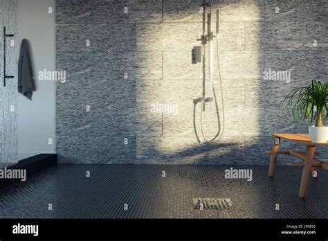 3d Rendering Of Shower Room With Rain Dropped Glass Wall In Warm