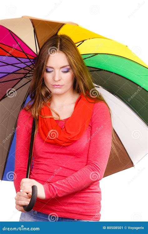 Woman Standing Under Multicolored Umbrella Stock Image Image Of Hair