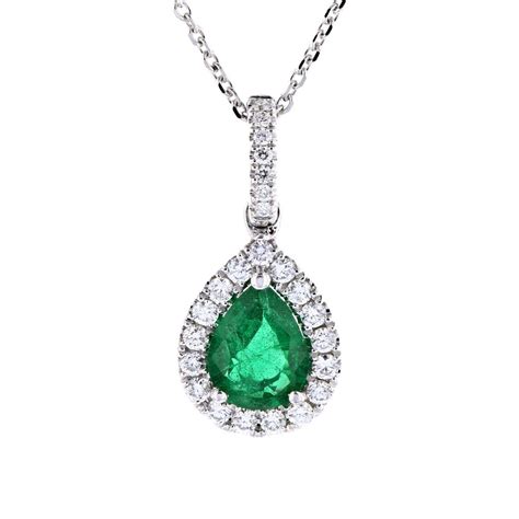 K White Gold Pear Shaped Emerald Diamond Halo Pendant Borsheims