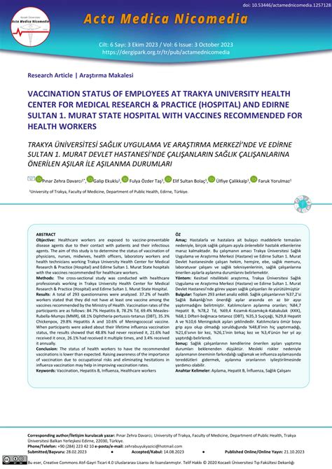 Pdf Vaccination Status Of Employees At Trakya University Health