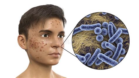 Acne, Pimples, and Closeup View of Bacteria, the Causative Agents of ...