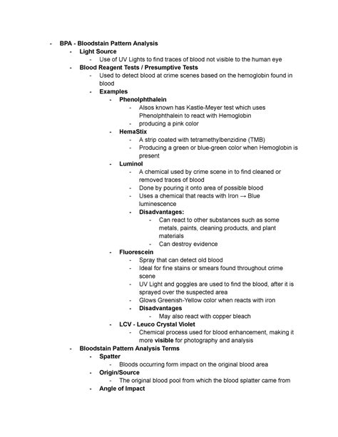 Forensics Notes Basics BPA Bloodstain Pattern Analysis Light Source