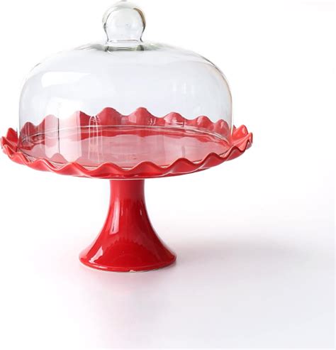 Red Ceramic Cake Stand With Glass Dome And Sturdy Base