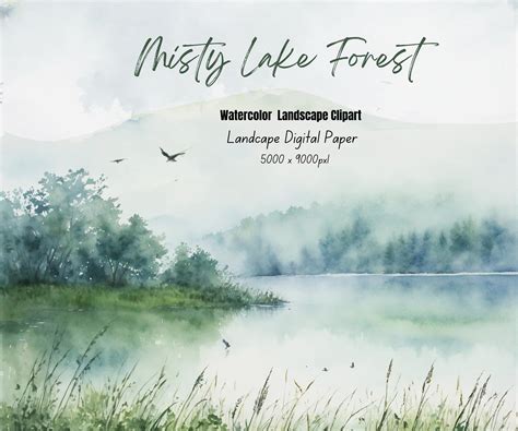 Misty Lake Forest Clipart Watercolor Landscape Clipart Mountain Lake