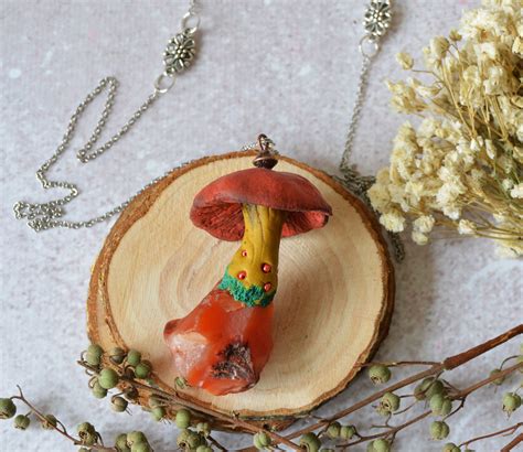 Polymer Clay Mushroom Pendant With Raw Carnelian Raw Crystal Etsy