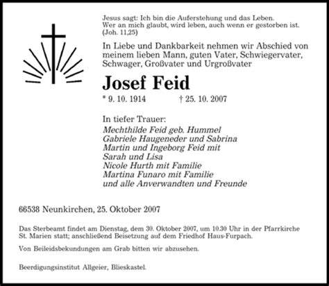 Traueranzeigen Von Josef Feid Saarbruecker Zeitung Trauer De