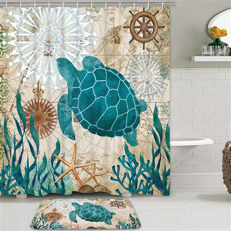 Sea Turtle Shower Curtain Set With Non Slip Bathroom Mats Nautical