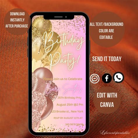 Digital Rose Gold Birthday Invitation Template Electronic Birthday Invitation Digital Download