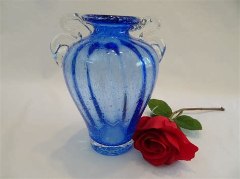 Blue Bubble Art Glass Floral Vase Vintage Clear Applied - Etsy