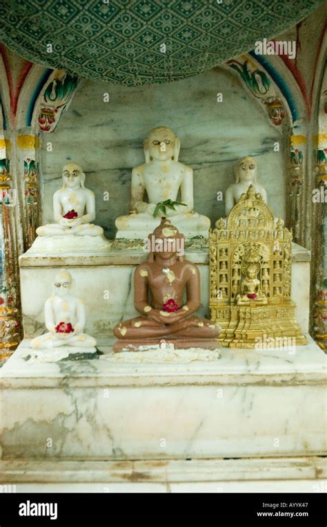 Jain temple interior altair with statues of Mahavira or Mahavir Varanasi Uttar Pradesh India ...