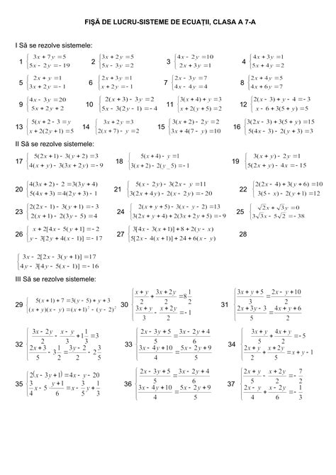 Academiaabc Fișă De Lucru Sisteme De Ecuații Clasa A Vii A