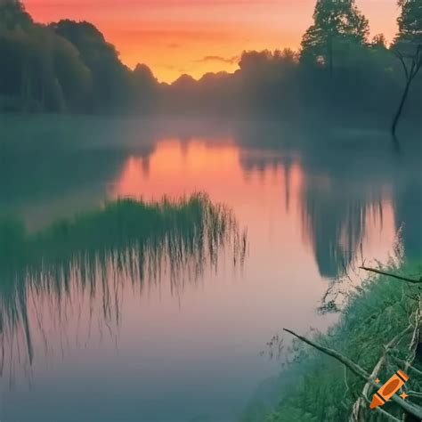 Serene River Flowing Through A Lush Floodplain At Sunrise