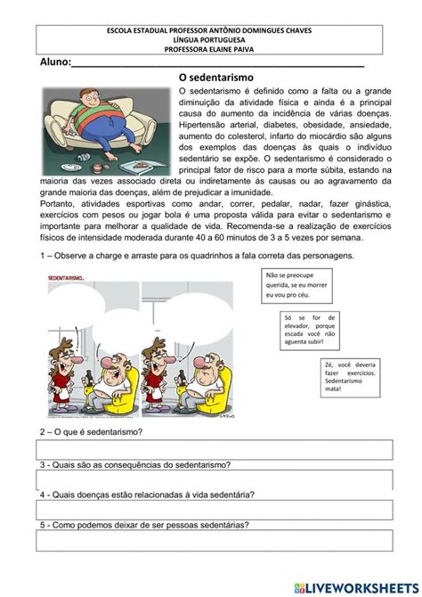 Interpretação do texto Sedentarismo worksheet