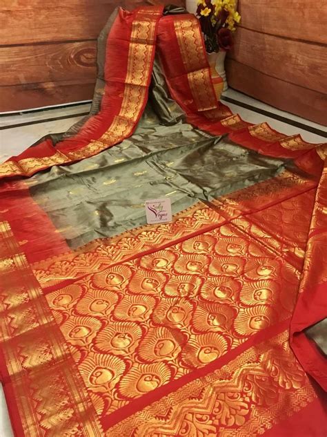 Slate And Red Color Combination Kanjeevaram Silk Saree Silk Sarees