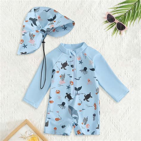 One-Piece Swimsuit Short Sleeve Rashguard With Hat For Boys Long Sleeve