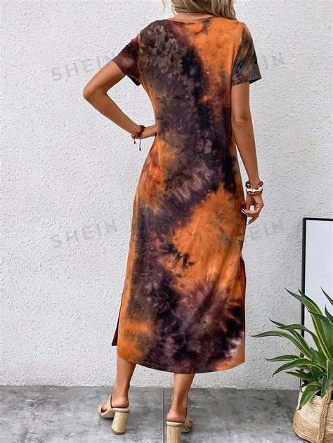 Shein Lune Vestido Estilo Camiseta De Tie Dye Bajo Con Abertura Moda