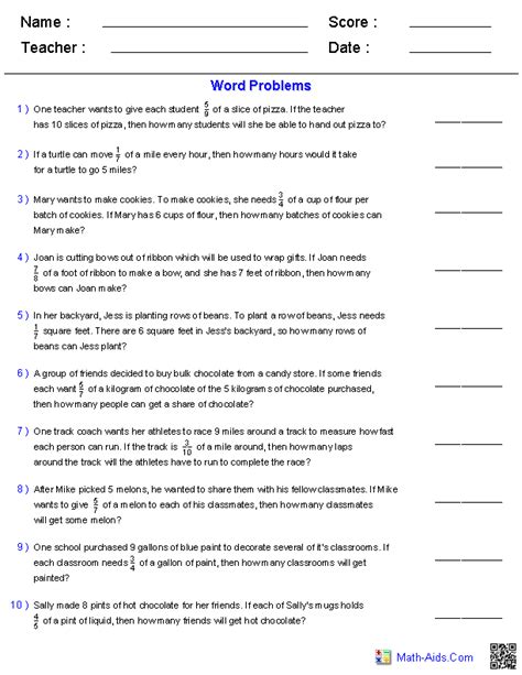 Division Of Fractions Word Problems Grade