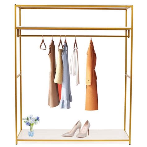 Yiyibyus Gold Iron Freestanding Large Clothes Rack With Shelfves