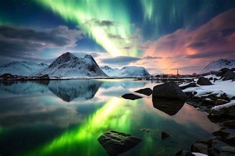 Premium Ai Image A Brightly Lit Aurora Bore Over A Mountain Lake With