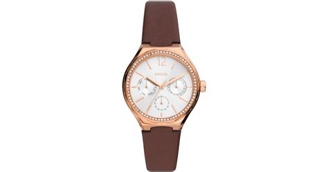 Fossil Leather Eevie Multifunction Rose Gold Tone Stainless Steel Watch In Brown White Lyst