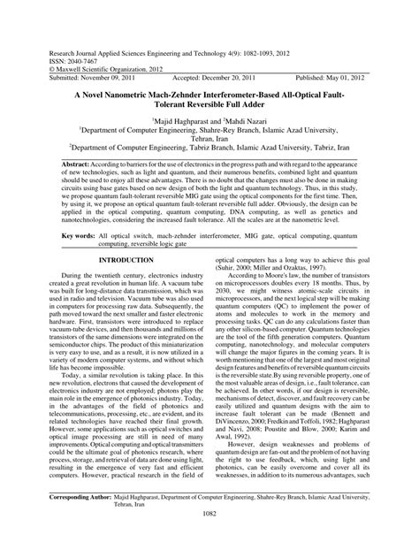 PDF A Novel Nanometric Mach Zehnder Interferometer Based All Optical