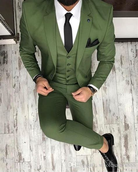 Two Buttons Groomsmen Olive Green Groom Tuxedos Notch Lapel Men Suits