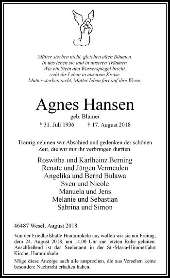 Alle Traueranzeigen für Agnes Hansen trauer rp online de