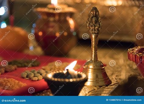 Diya and puja bell stock photo. Image of diwali, puja - 134807016