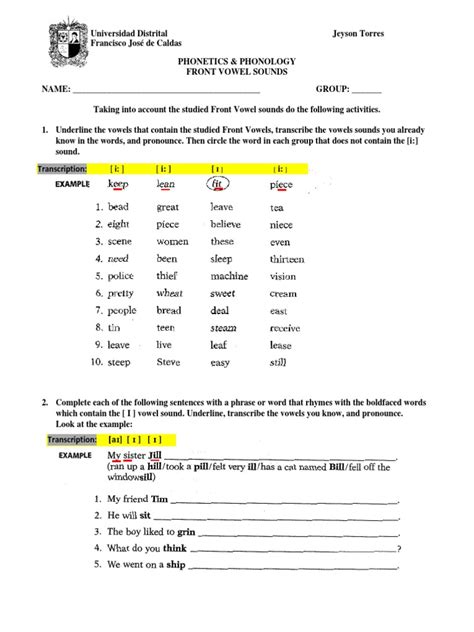 Front Vowels Exercises | PDF | Vowel | Foreign Language Studies