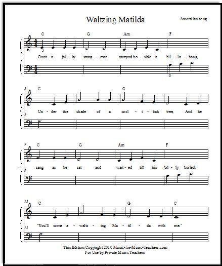 Free Popular Sheet Music Waltzing Matilda For Beginner Piano Solo Or Duets