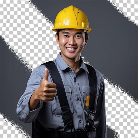 Un hombre con un casco amarillo dando un signo de aprobación Archivo