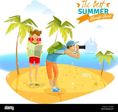 Young Couple On Summer Vacations On Tropical Island Cartoon Vector